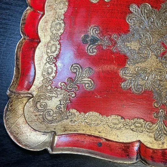 Vintage Italian Red Gold Gilded Wooden Florentine Rectangular Tray - Picture 6 of 13